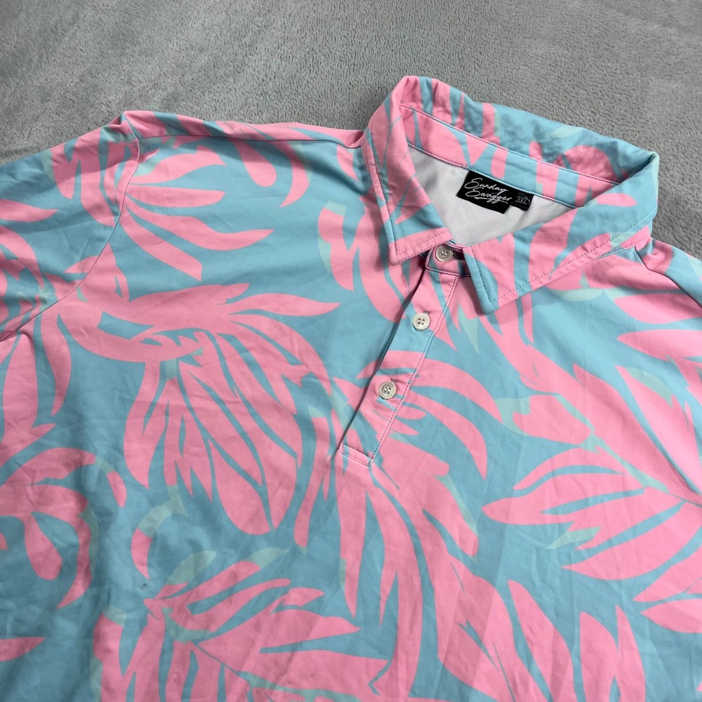 Sunday Swagger Mens 3XL Tropical Palm Leaf Print Golf Polo Shirt Pink Blue